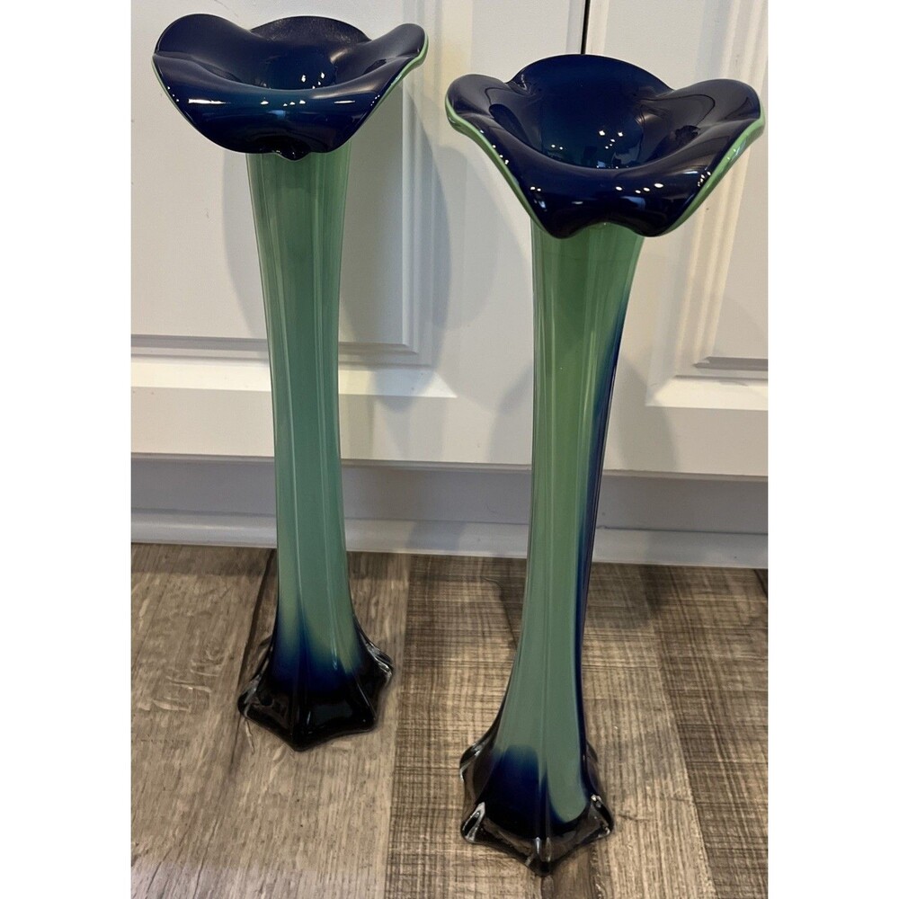 VNTG hand blown “Jack in the Pulpit” art glass vases MCM set of 2 swung glass ￼